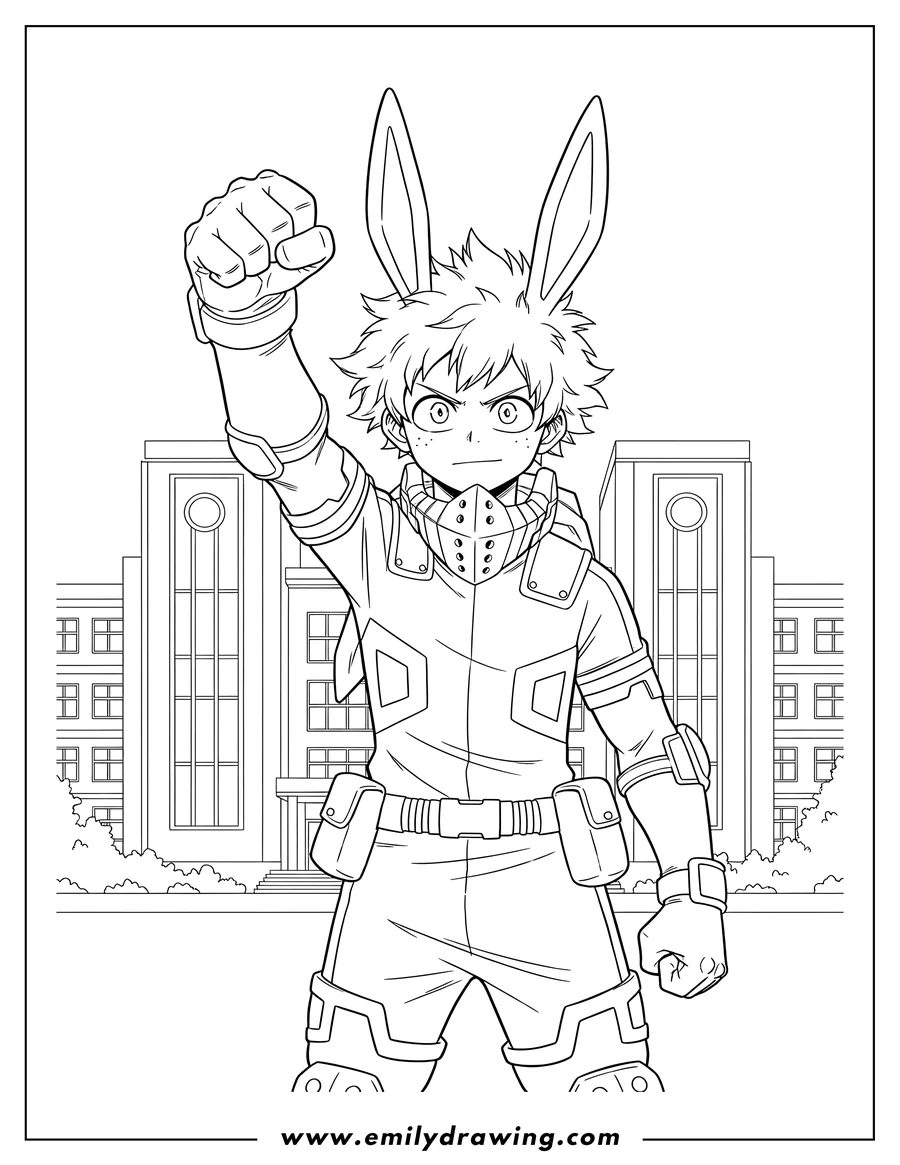 Clean line drawing: deku in hero costume raising his fist in front of U.A. High School
