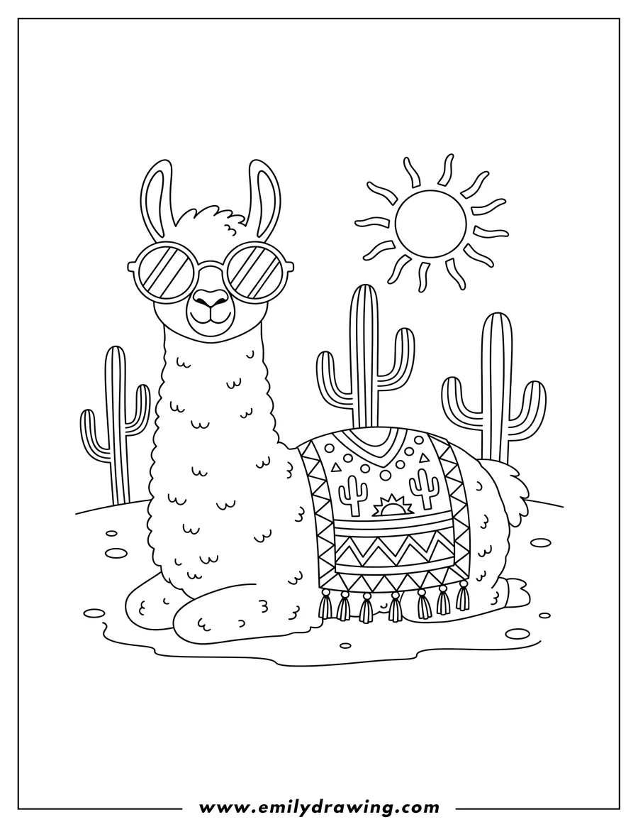 Free to print drawing of desert Llama With Sunglasses, lying down, wearing a decorative blanket