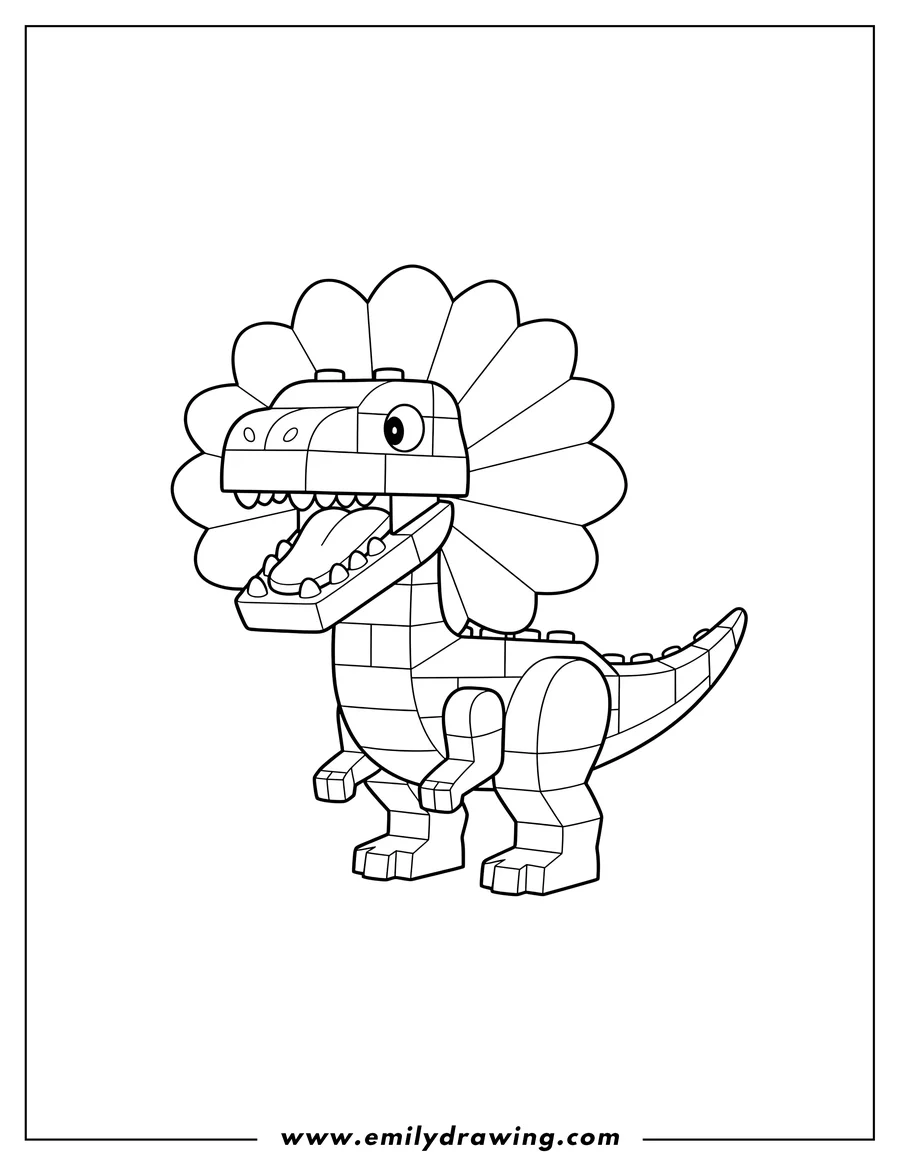 PDF style coloring page: easy Dilophosaurus Lego Preschoolers, standing with frills and open mouth