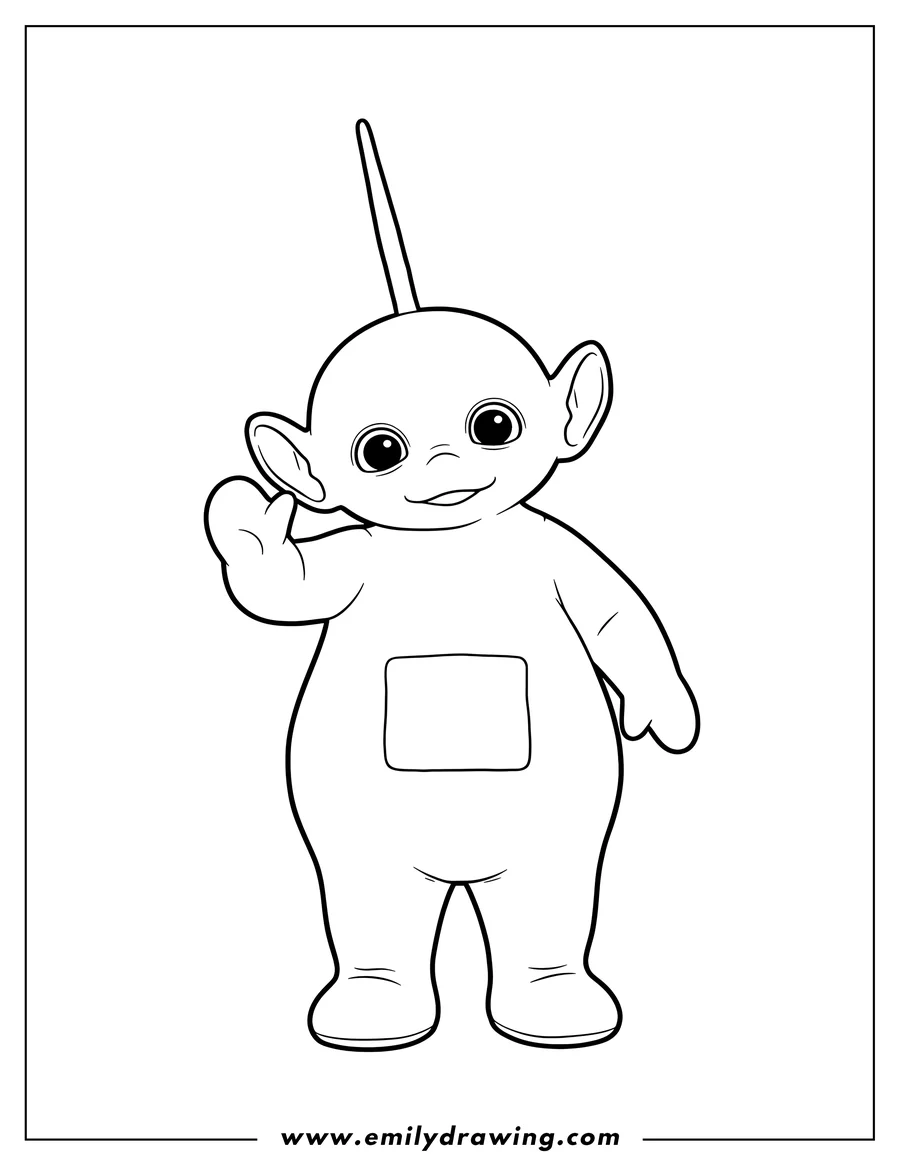 Outline drawing of easy Dipsy Iconic Pose, waving, with a straight antenna and a square on his belly