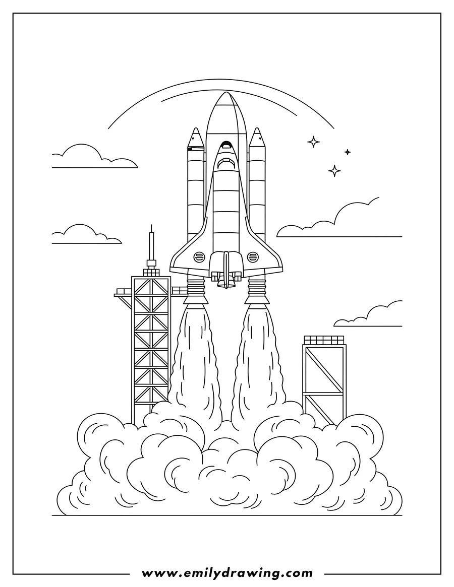 Outline drawing of discovery Space Shuttle launching with ignited rockets and exhaust plume