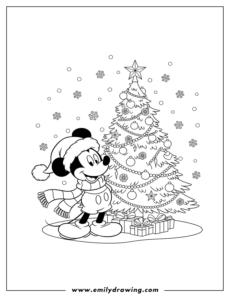 Linear illustration of disney Christmas Disney Mickey Mouse, wearing a Christmas hat and scarf, by a decorated Christmas tree and falling snow