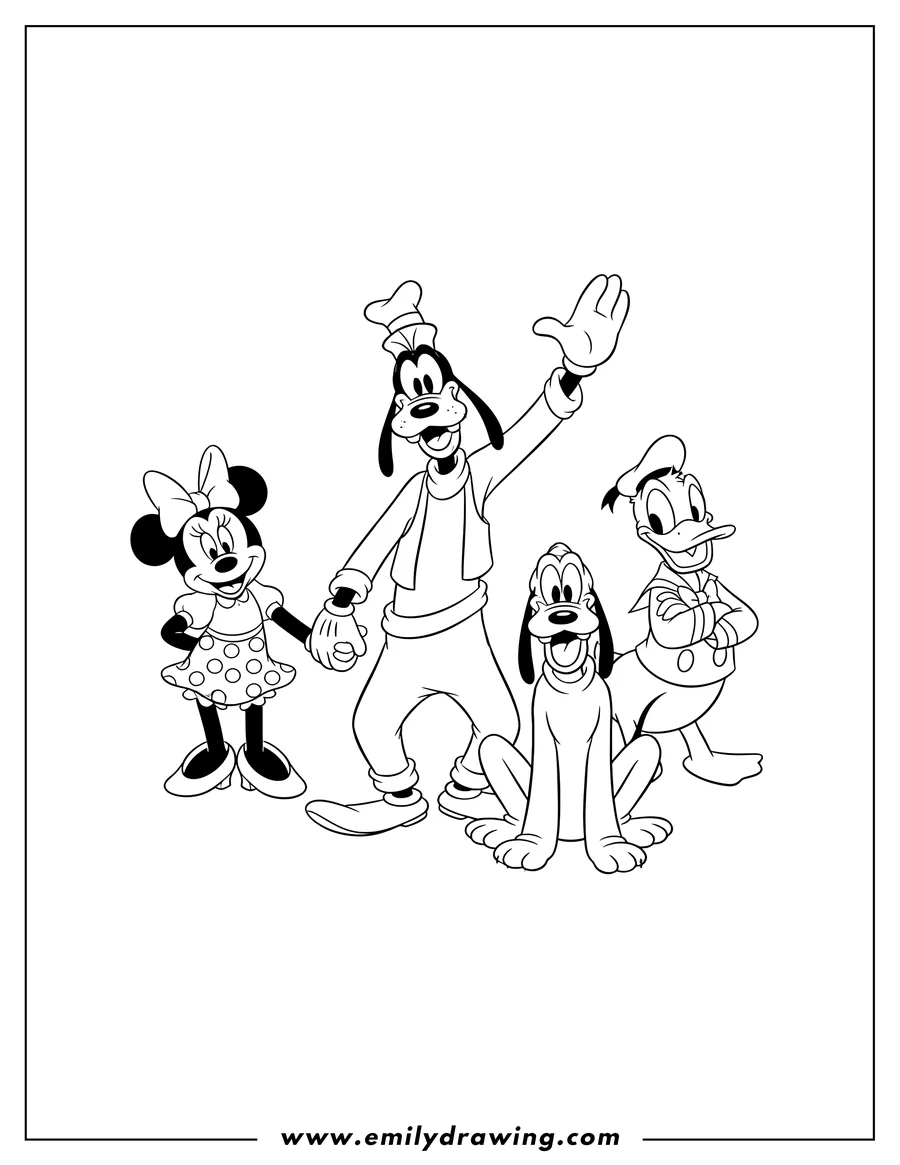 Full page coloring image of disneyland Mascots Goofy, Pluto, Mickey, Minnie, and Donald with Goofy waving and Pluto sitting