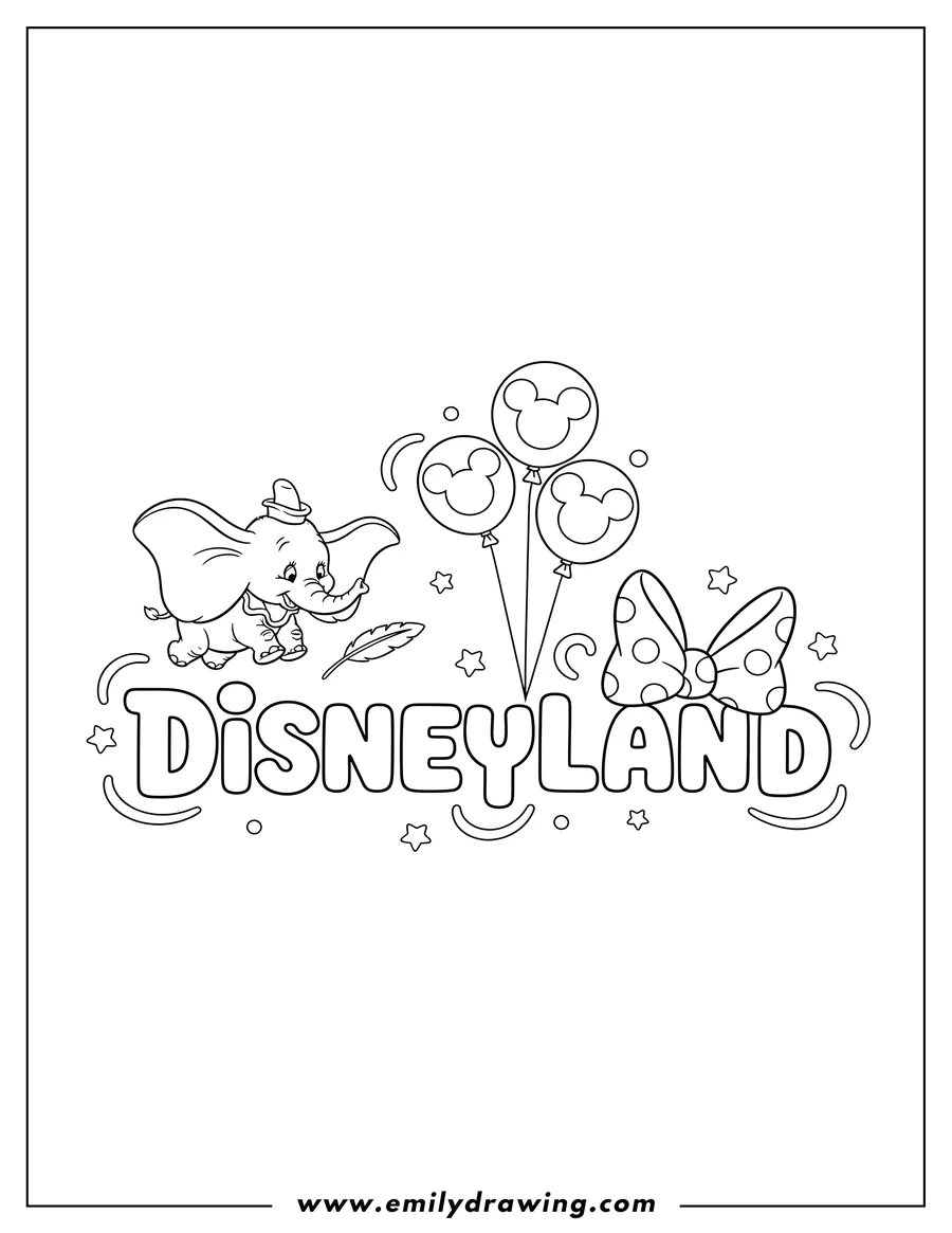 Coloring page for kids: easy Disneyland text with Mickey Mouse balloons, Dumbo, and a Minnie bow