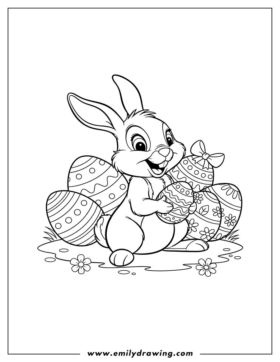 Doodle style coloring picture of disney's Thumper, a happy Easter bunny sitting with decorated eggs outline