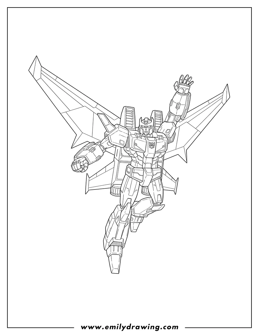 Black and white line art of divebomb Decepticon flying with prominent wings, one arm raised