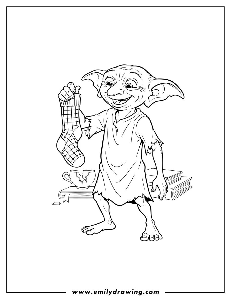 Clean line drawing: dobby wearing a tunic, holding a sock with a pleased expression
