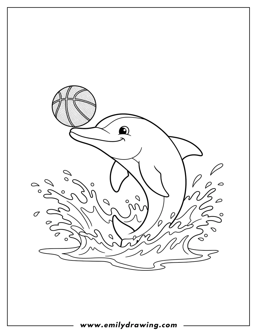PDF style coloring page: dolphin playing with a basketball, balancing it on its nose amidst water splashes