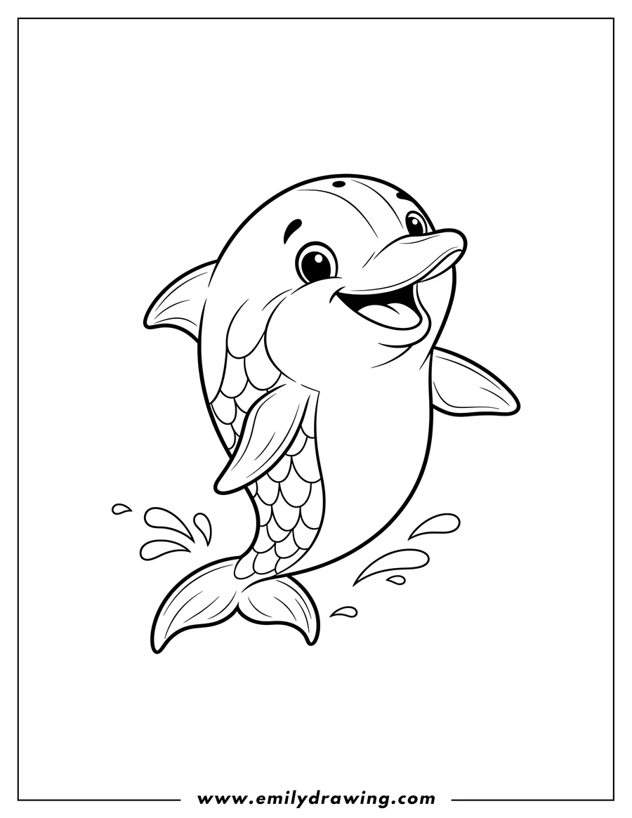 Simple sketch of easy Dolphin Preschoolers Scaled, happy and smiling to color