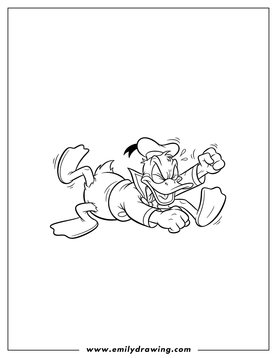 Free to print drawing of donald Duck throwing a fit, lying on his back, flailing his arms and legs