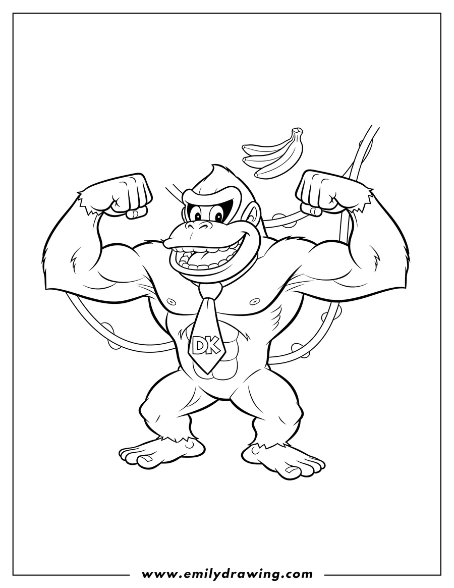 Outline drawing of donkey Kong wearing his tie, flexing and grinning