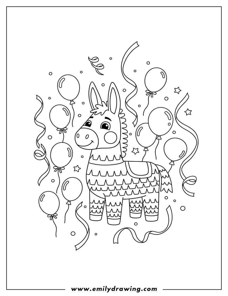 Simple sketch of donkey Pinata Surrounded By Balloons and Streamers to color