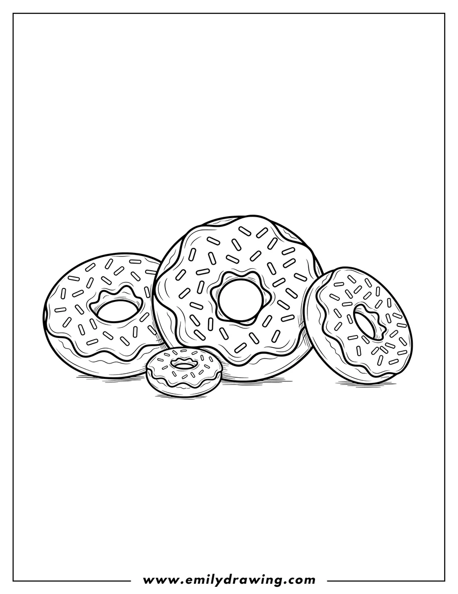 Clean line drawing: donuts Scaled, three with sprinkles, one leaning
