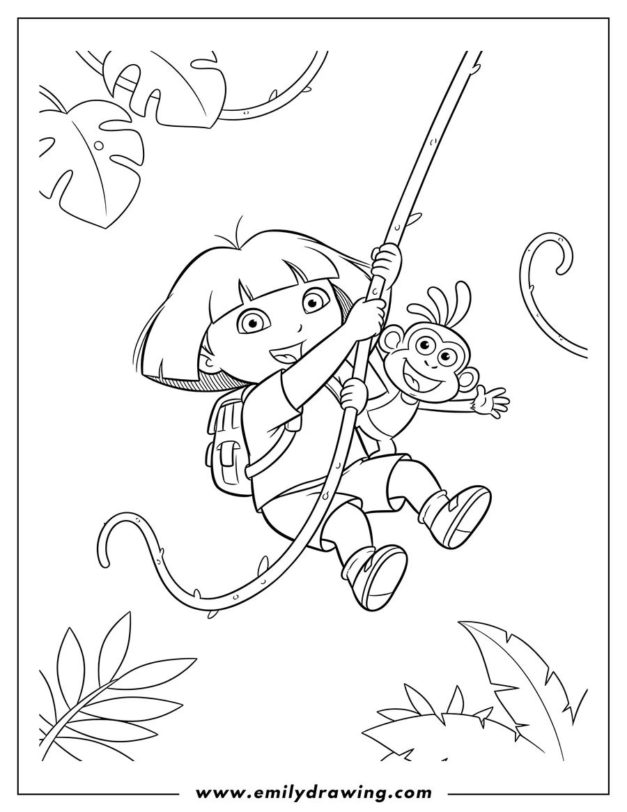 Vector style outline of dora and Boots swinging from a vine, Boots holding onto Dora, Dora wearing Backpack