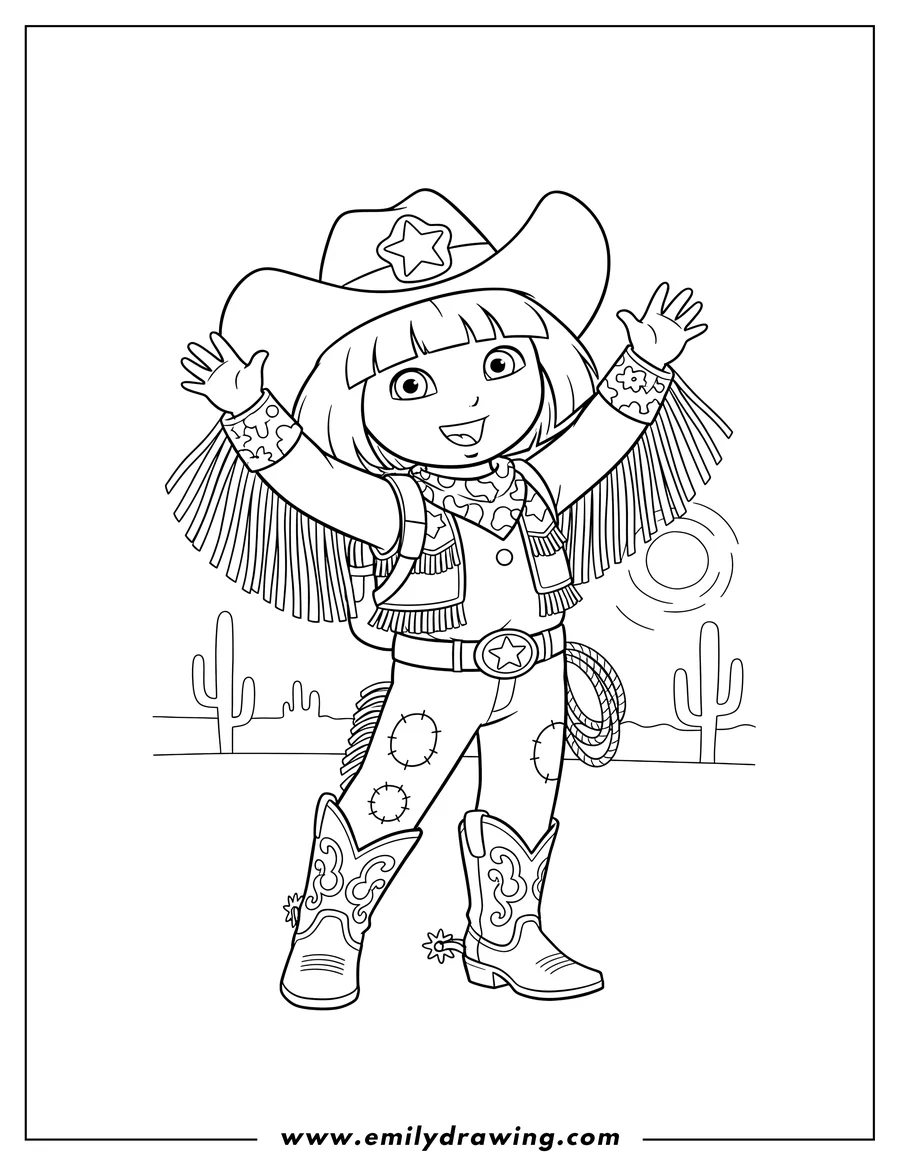 Black and white line art of dora Explorer as a Cowgirl, smiling, wearing a fringed vest and cowboy boots