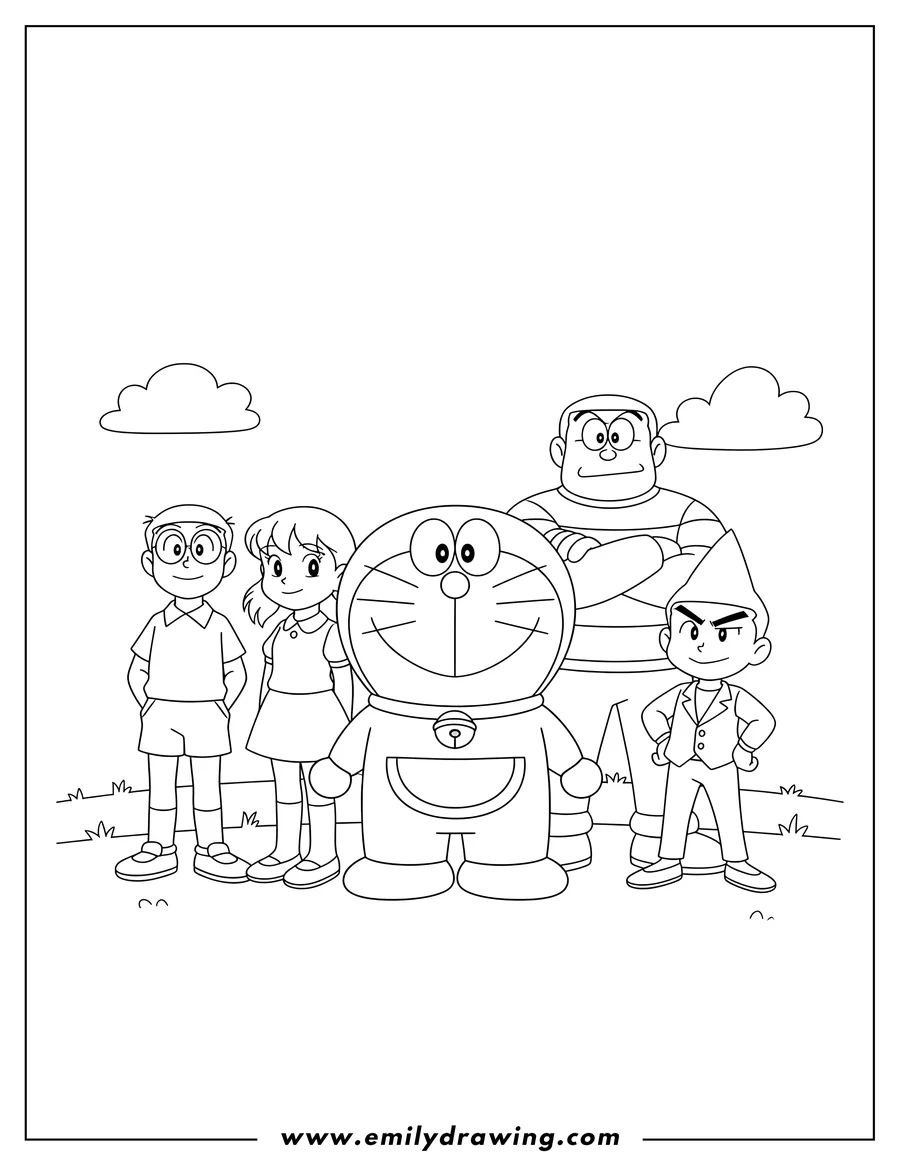 Full page coloring image of easy Doraemon with Nobita, Shizuka, Gian, and Suneo standing together