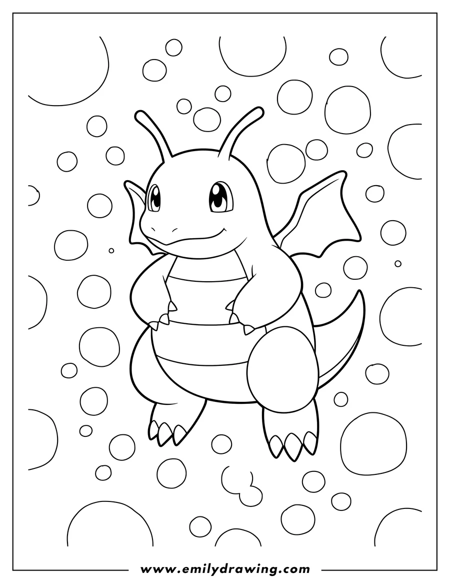Full page coloring image of dragonite hovering with resting arms and dangling legs, with a polka dot background