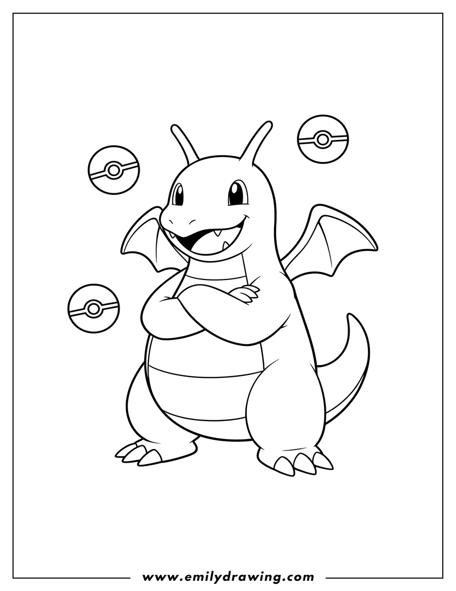 Simple sketch of easy Dragonite Outline, smiling with arms crossed, with Pokeballs to color