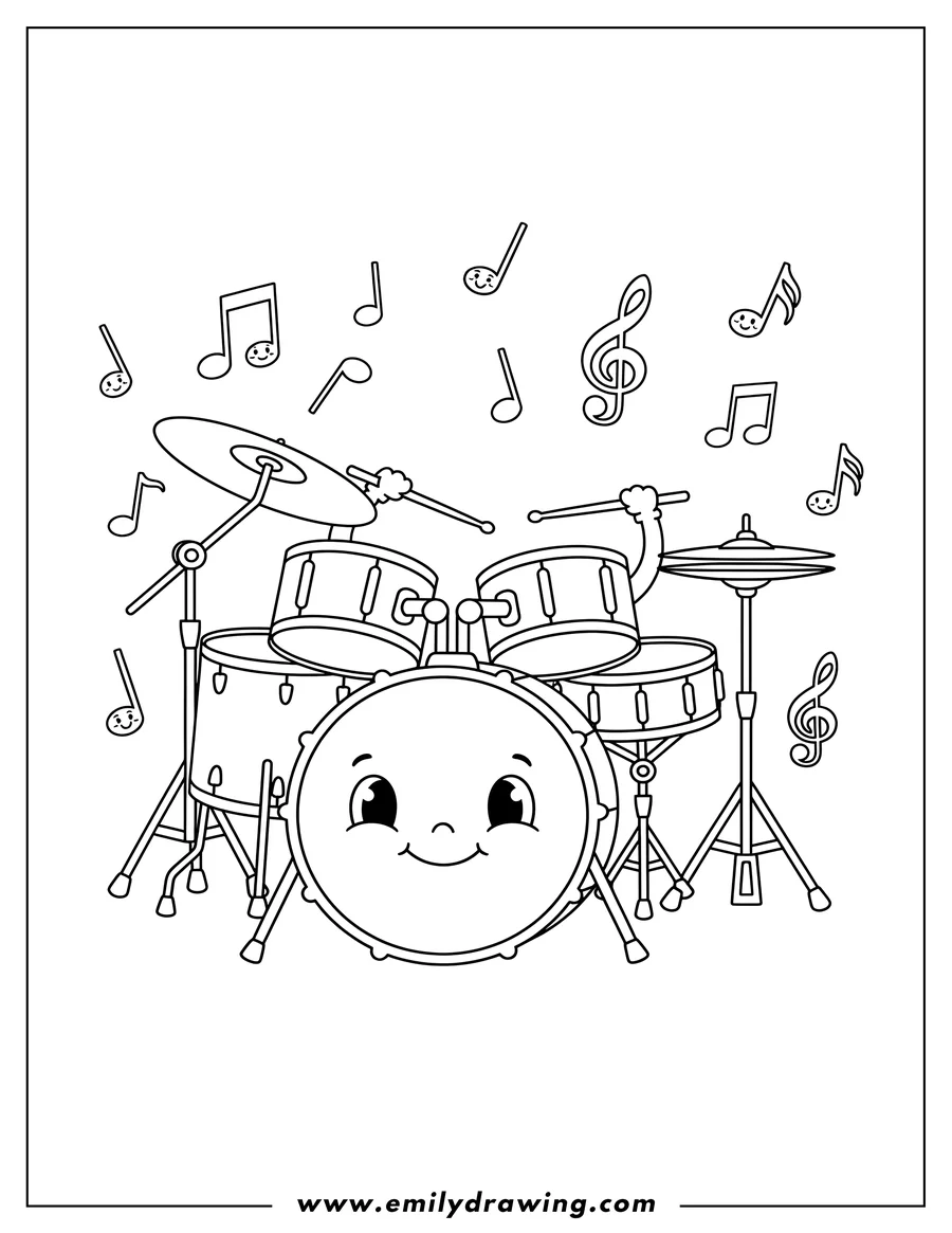 PDF style coloring page: A drum with two drumsticks and musical notes floating around