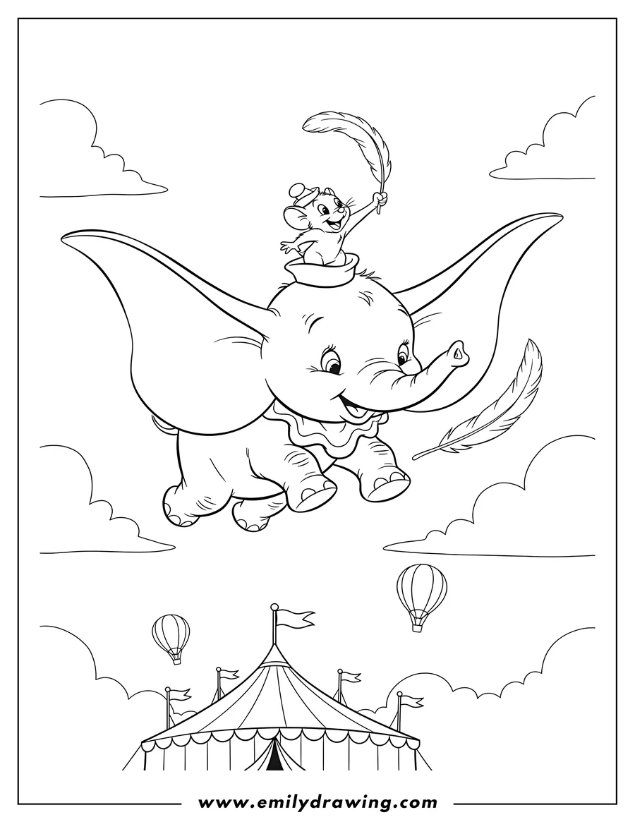 Free to print drawing of dumbo Flying Over Circus With Timothy Mouse on his hat, holding a magic feather and smiling