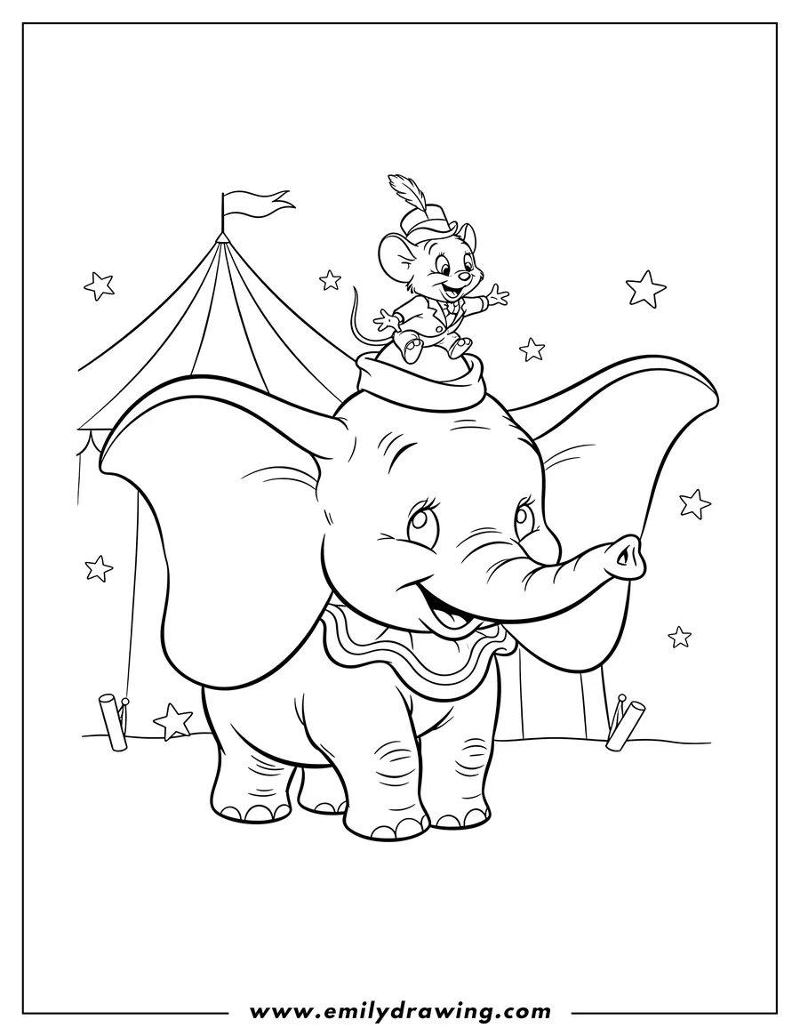 Printable coloring page of dumbo Movies: Dumbo the elephant smiling with Timothy Q. Mouse on his hat