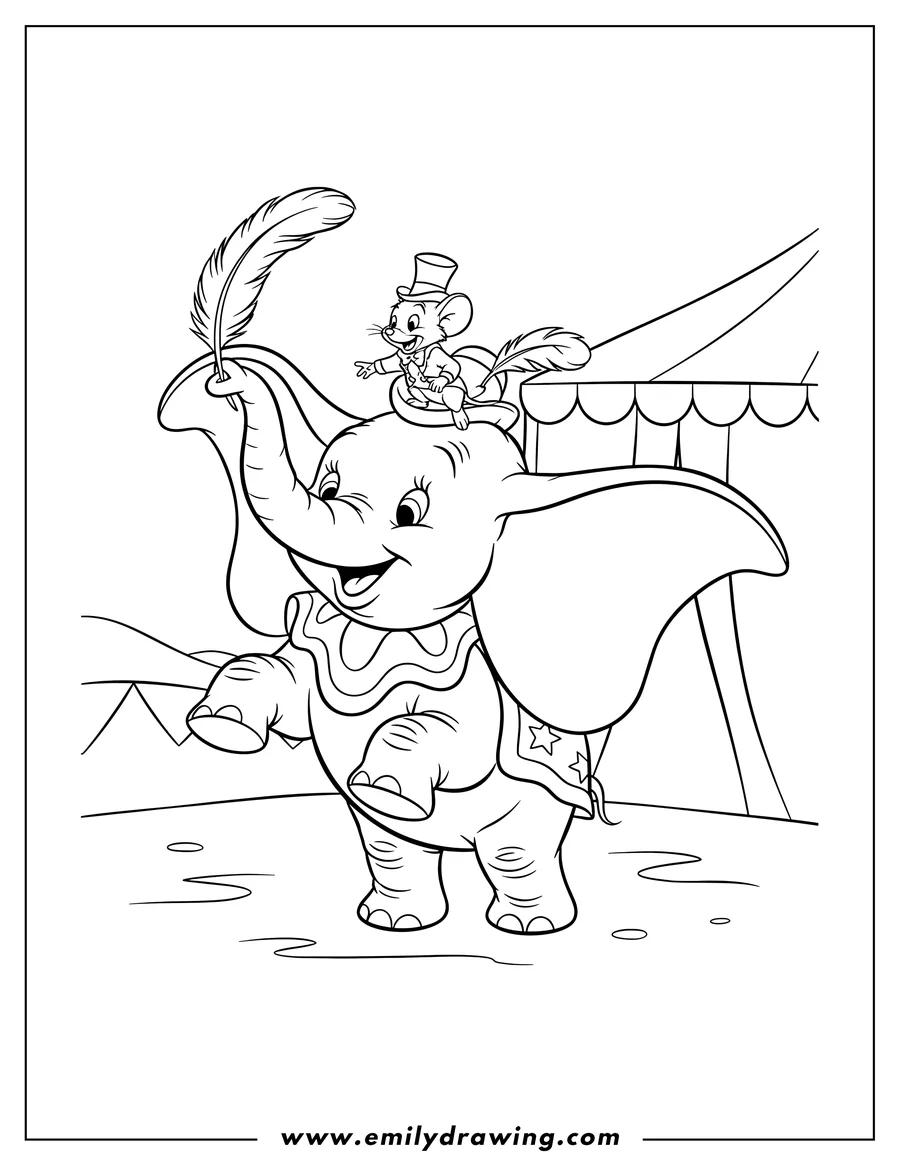 Black and white line art of dumbo Disney standing on hind legs, holding a feather, with Timothy Q. Mouse on his hat