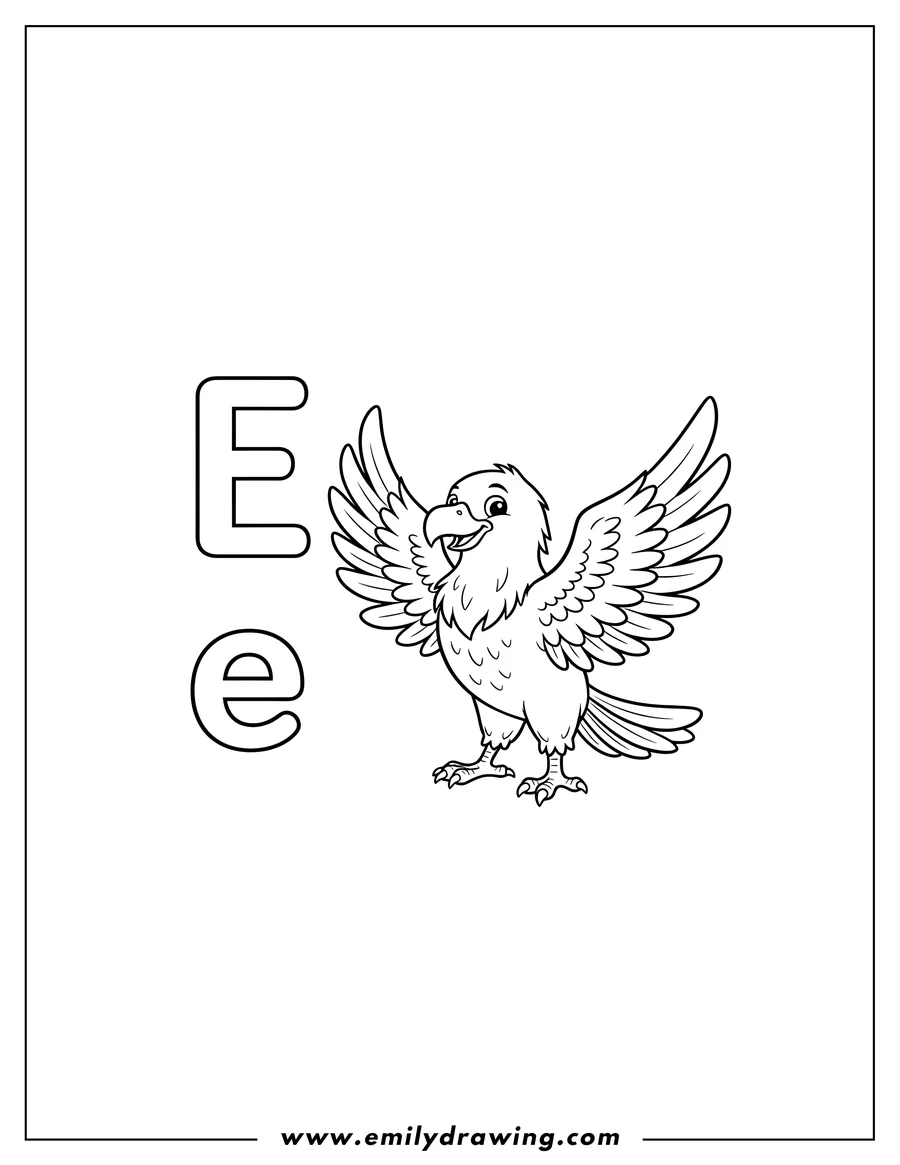Clean line drawing: E Is Eagle Flashcard With Polka Dot Margin, featuring uppercase E, lowercase e, and a standing cartoon eagle
