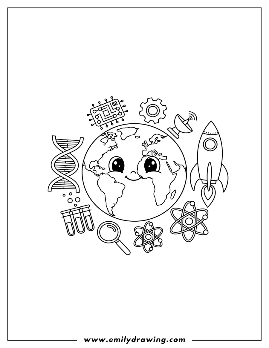 PDF style coloring page: easy Earth surrounded by science and technology like DNA, rockets, and test tubes