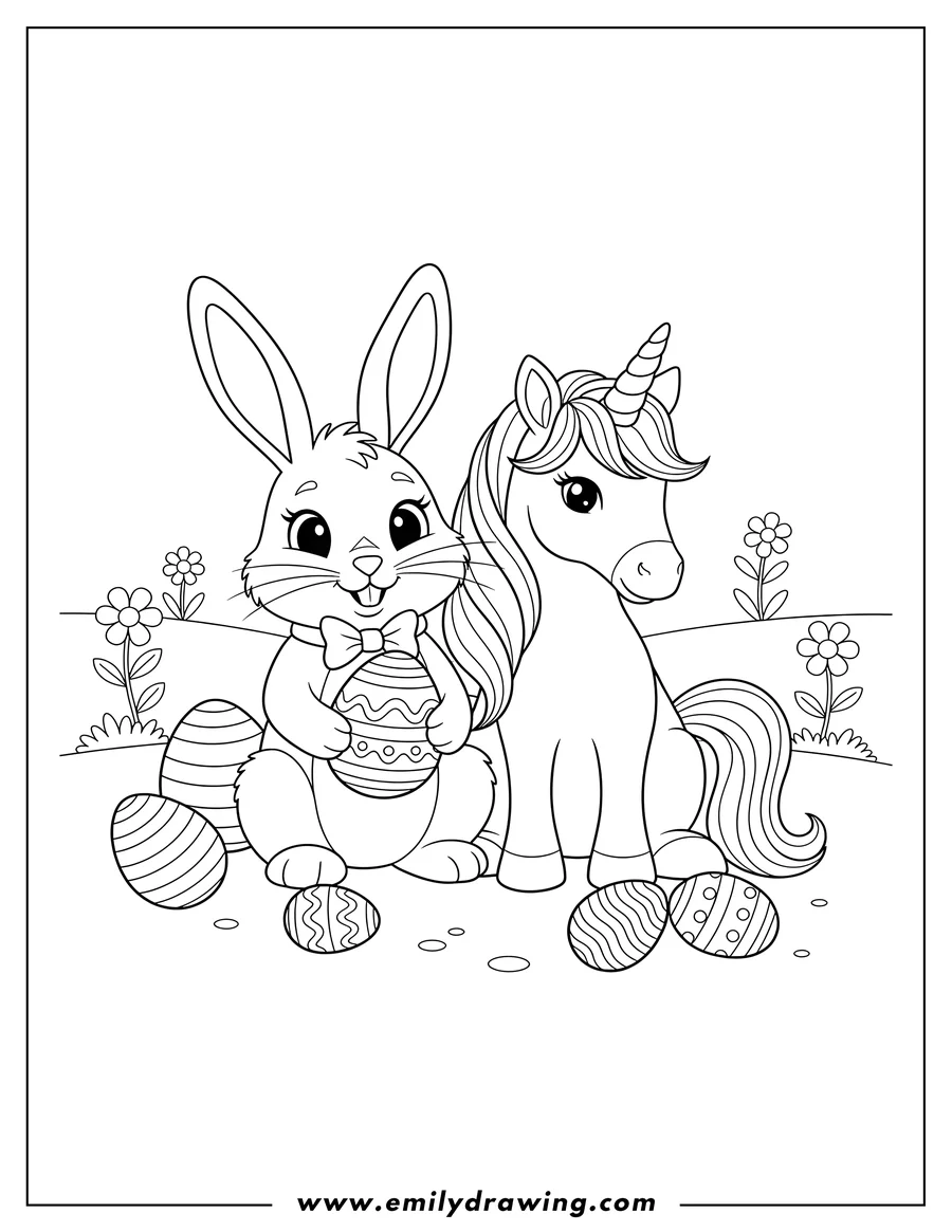 Simple sketch of easter Bunny and Unicorn sitting together, with the bunny holding an Easter egg, surrounded by more Easter eggs to color