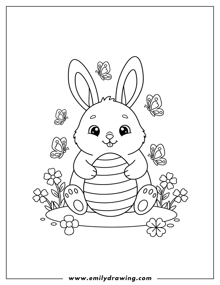 Free printable coloring sheet of easy Easter Bunny sitting and holding a striped egg with butterflies