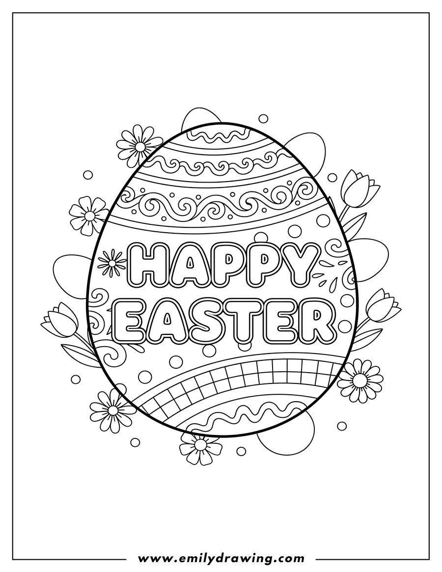 Doodle style coloring picture of easter egg with 'HAPPY EASTER' text and decorative patterns