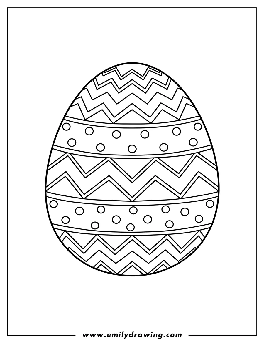 Full page coloring image of easter Egg with Horizontal Bands of Chevron Stripes and Polka Dot Design coloring page
