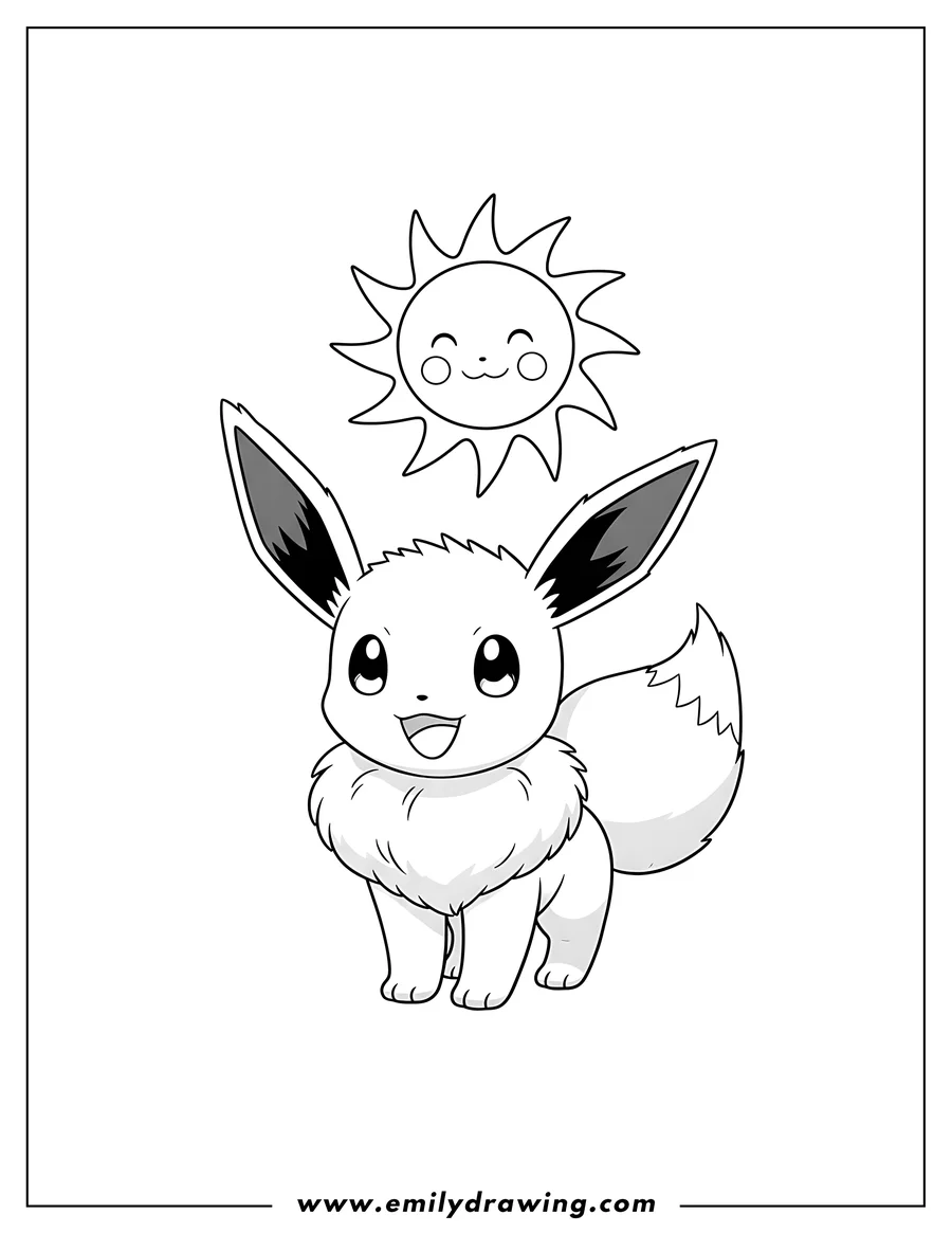 Outline drawing of eevee standing and smiling under a stylized sun