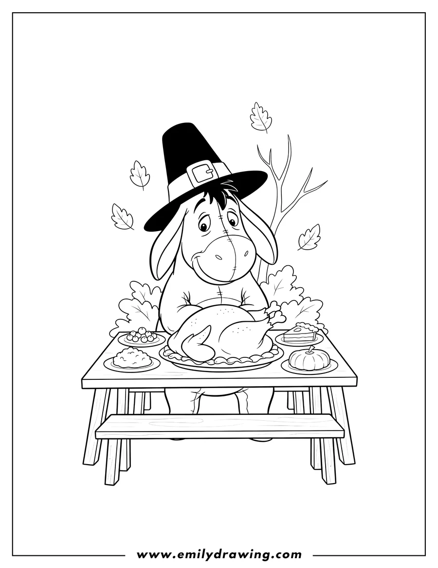 Simple sketch of eeyore smiling in a pilgrim hat at his Thanksgiving dinner to color
