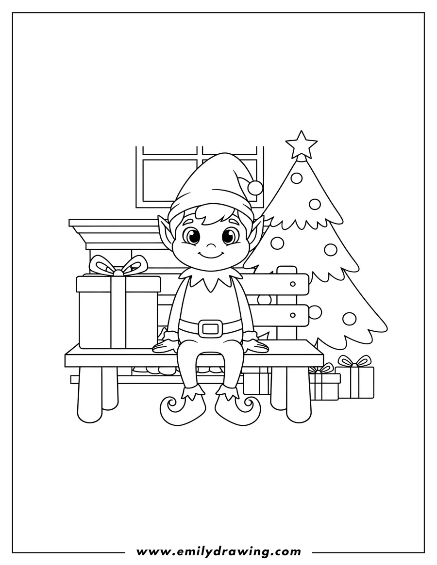 PDF style coloring page: easy To Color Elf On Shelf Preschoolers Scaled, sitting on a bench with a gift and Christmas tree