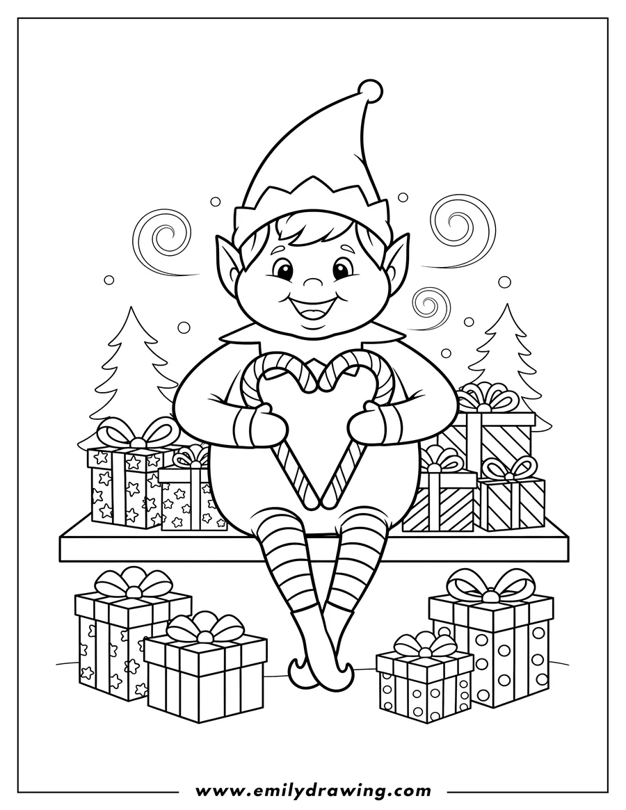 Vector style outline of elf On Shelf sitting, holding candy canes in a heart shape, surrounded by presents
