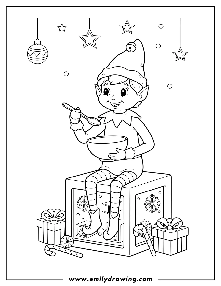 Vector style outline of christmas Themed Elf On Shelf sitting on a block, holding a bowl and spoon