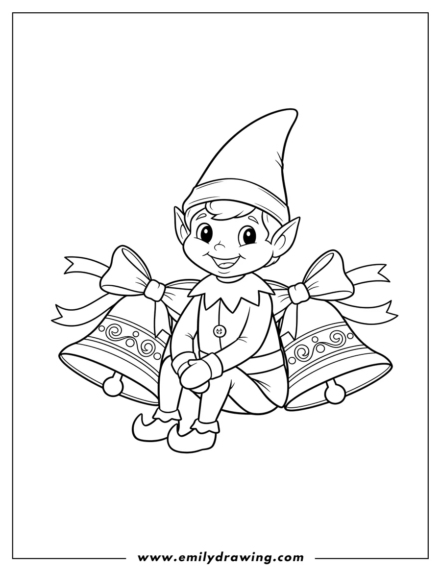 Doodle style coloring picture of sitting Elf on the Shelf wearing a pointed hat, with Christmas bells with bows