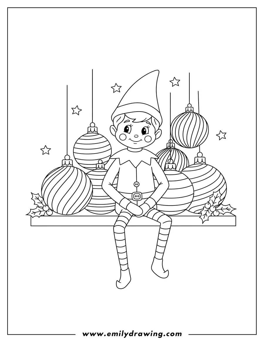 Free to print drawing of elf on Shelf sitting with one leg dangling, surrounded by striped Christmas ornaments