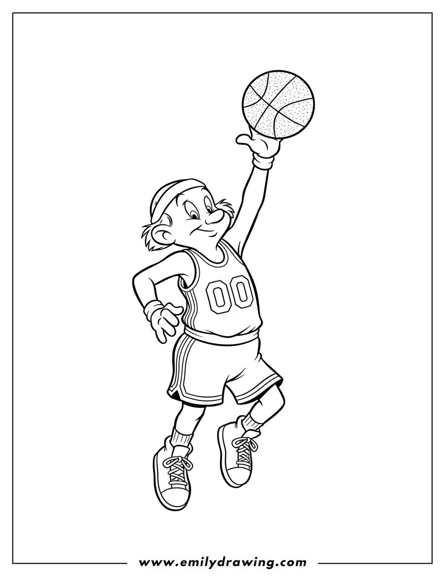 Free printable coloring sheet of elmer Fudd Jumpman Pose, holding a basketball and wearing a basketball uniform