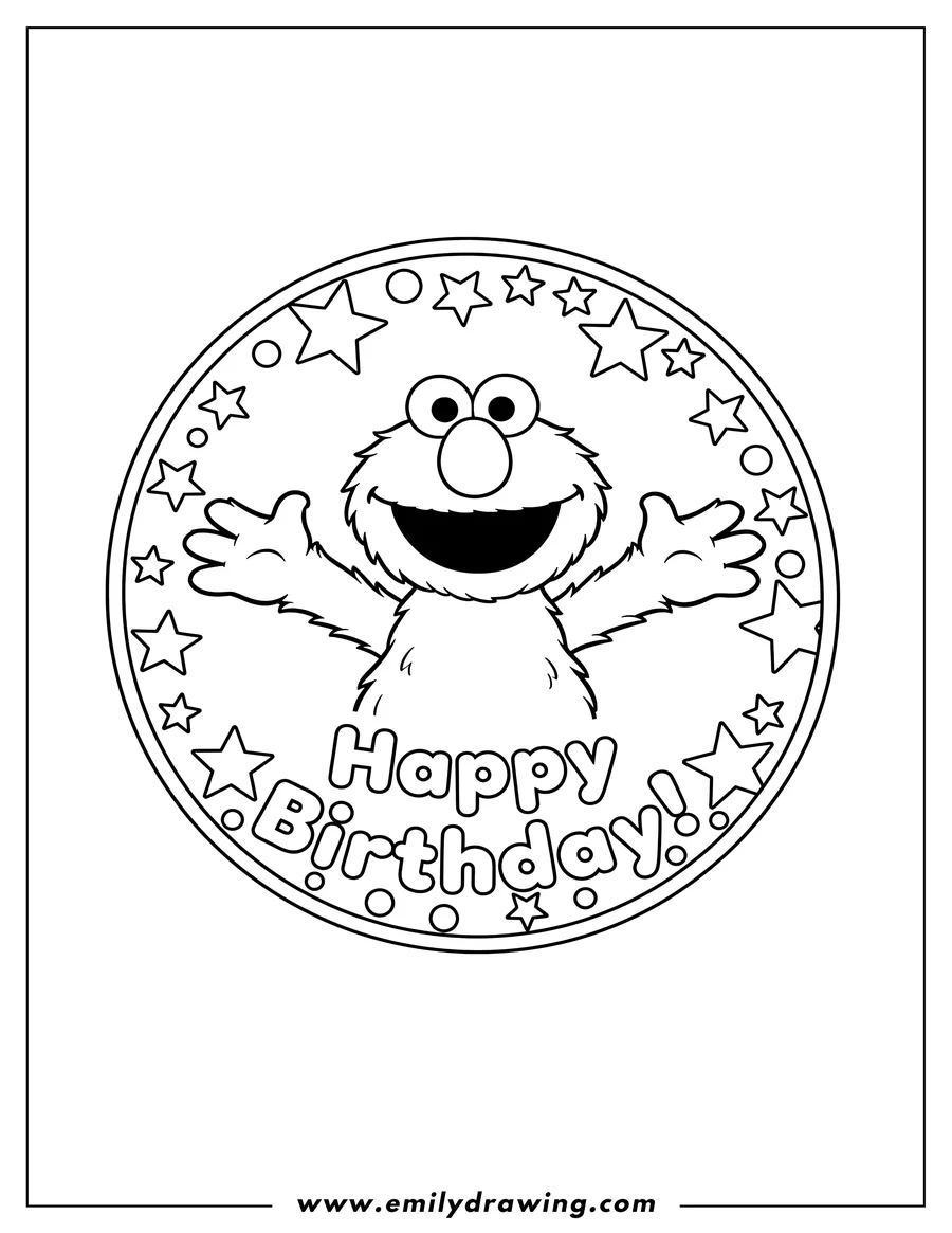 Coloring page of elmo Happy Birthday, smiling with arms open wide, 'Happy Birthday!' text, in a star-filled decorative circle