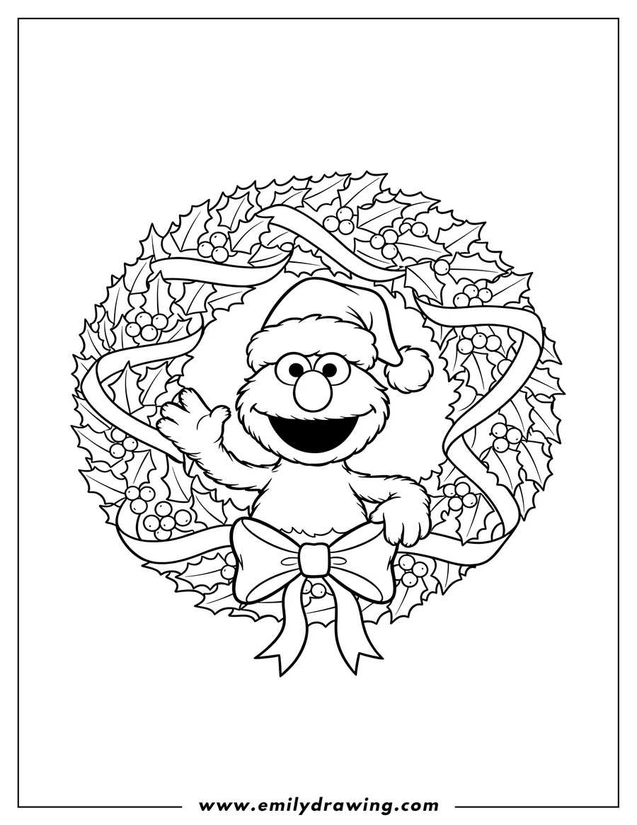 Clean line drawing: elmo in a Christmas wreath, wearing a Santa hat, smiling and waving