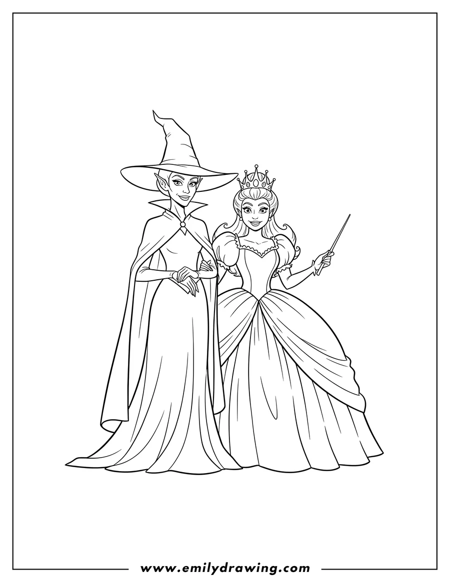 Downloadable coloring page of elphaba and Glinda in their witch costumes, with Elphaba wearing a pointed hat and Glinda wearing a crown, standing together