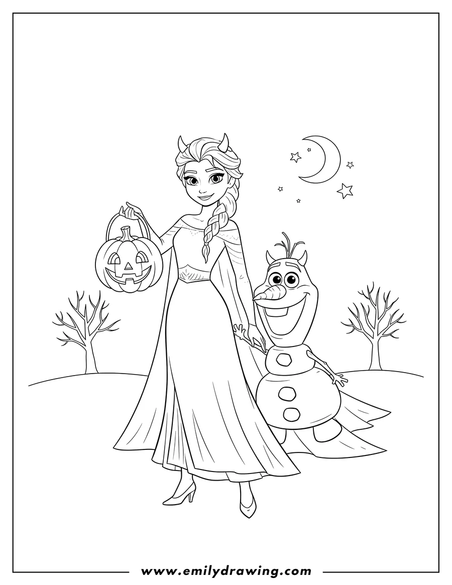 Vector style outline of elsa And Olaf Wearing Devil Horns On Halloween, Elsa holding a pumpkin lantern, and Olaf with a pumpkin body