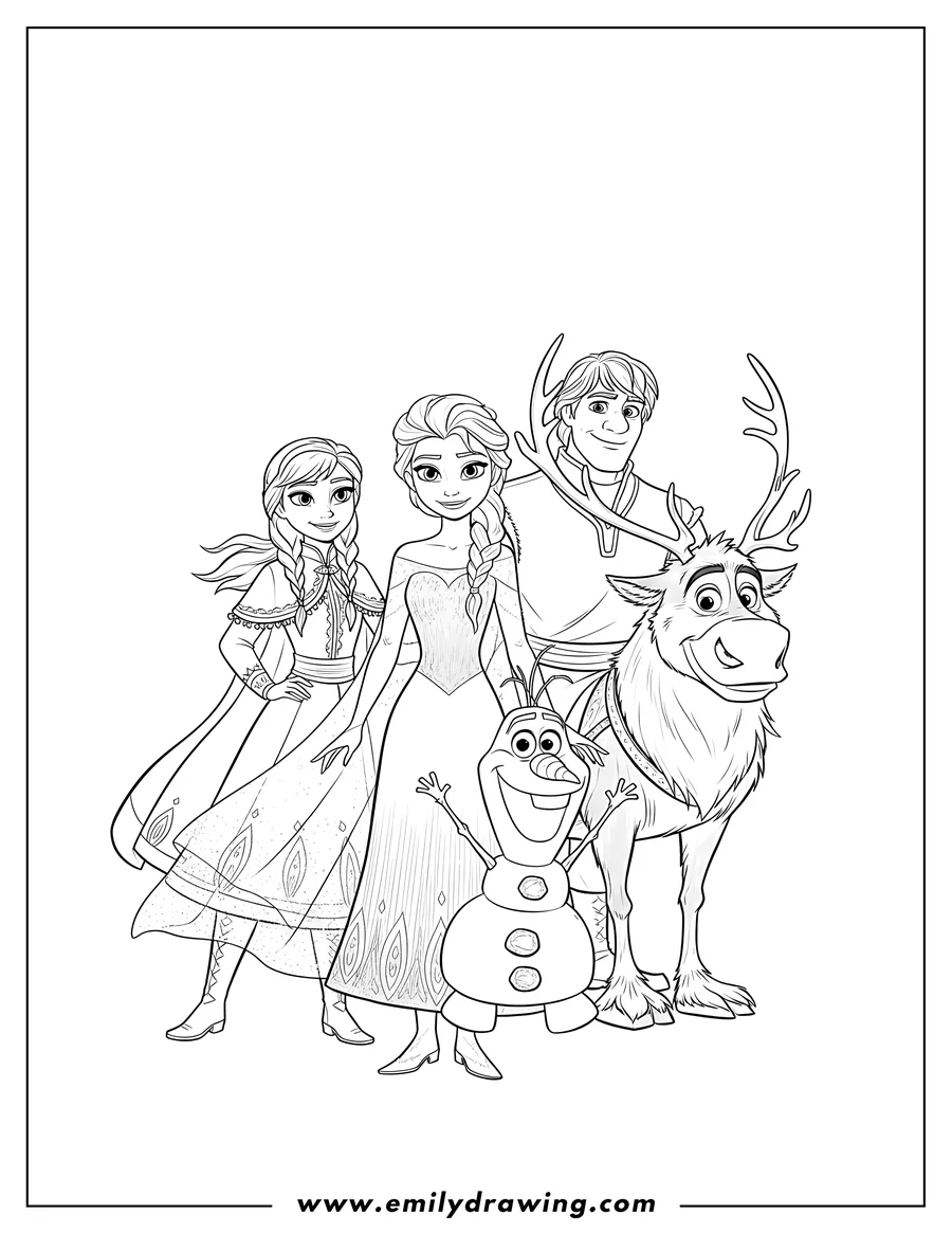 Printable coloring page of elsa, Anna, Kristoff, Sven, and Olaf from Frozen posing together and smiling, with Olaf raising his arms