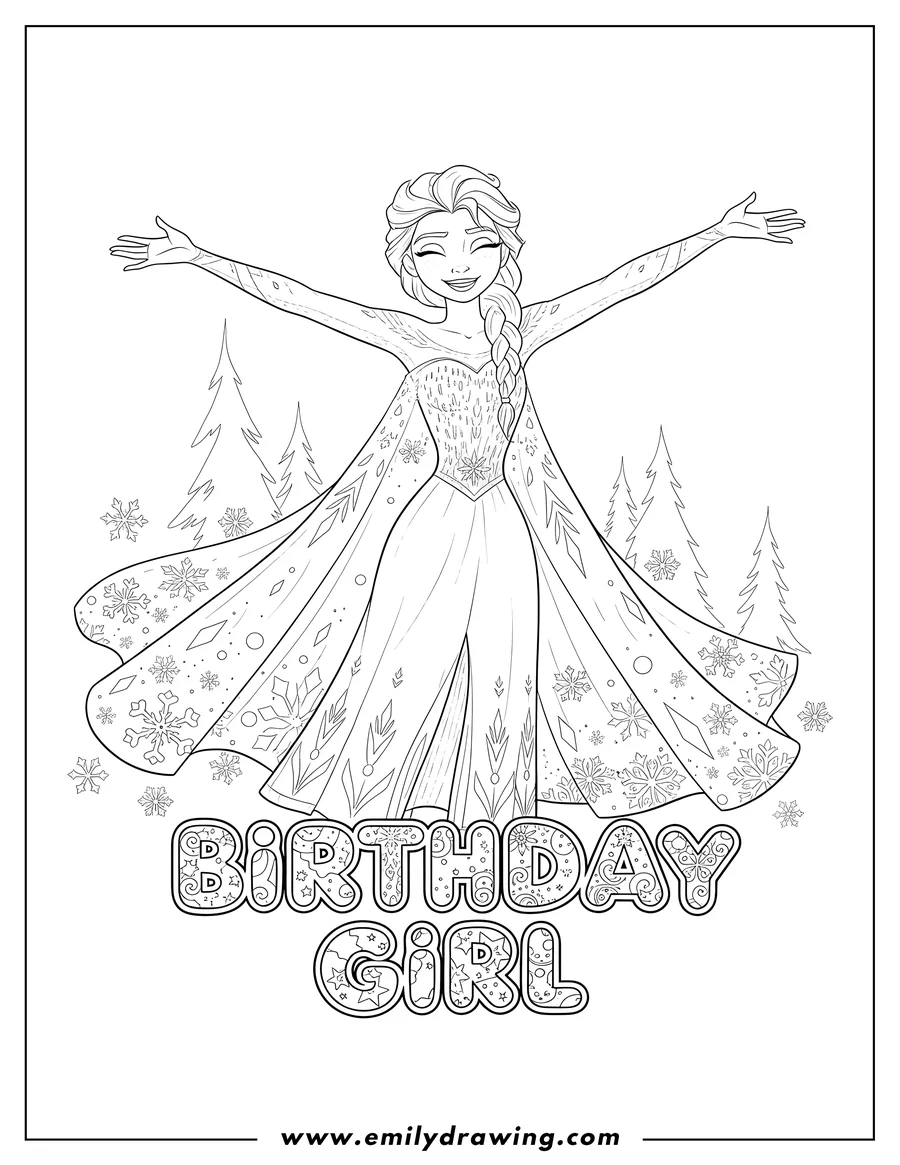 Outline drawing of elsa with outstretched arms and a flowing cape, featuring Birthday GIRL text