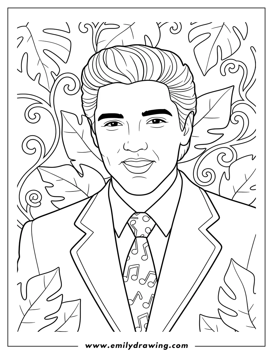 Full page coloring image of easy Elvis Portrait, chest up, wearing a jacket and tie, with leafy background