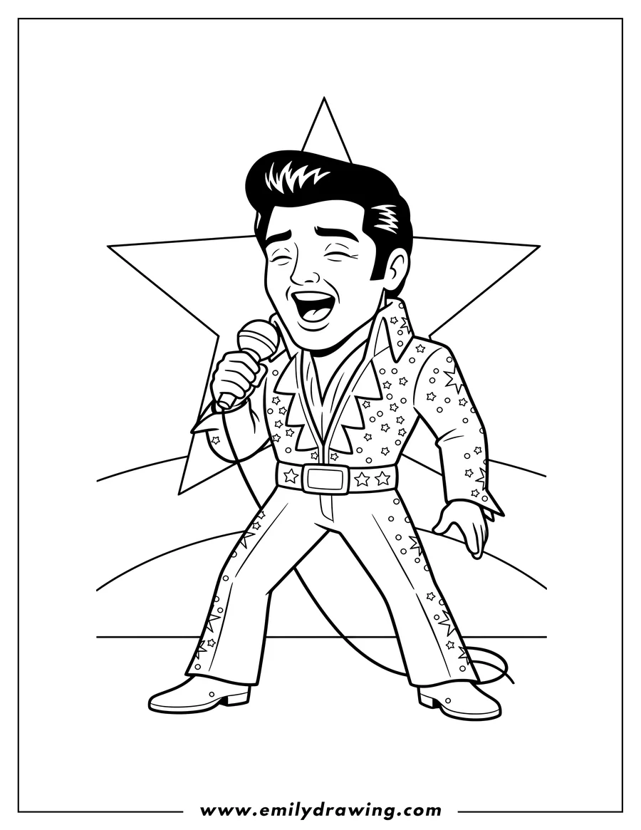 Coloring sheet featuring elvis Singing While Wearing Sparkly Jumpsuit, holding a microphone with his mouth open