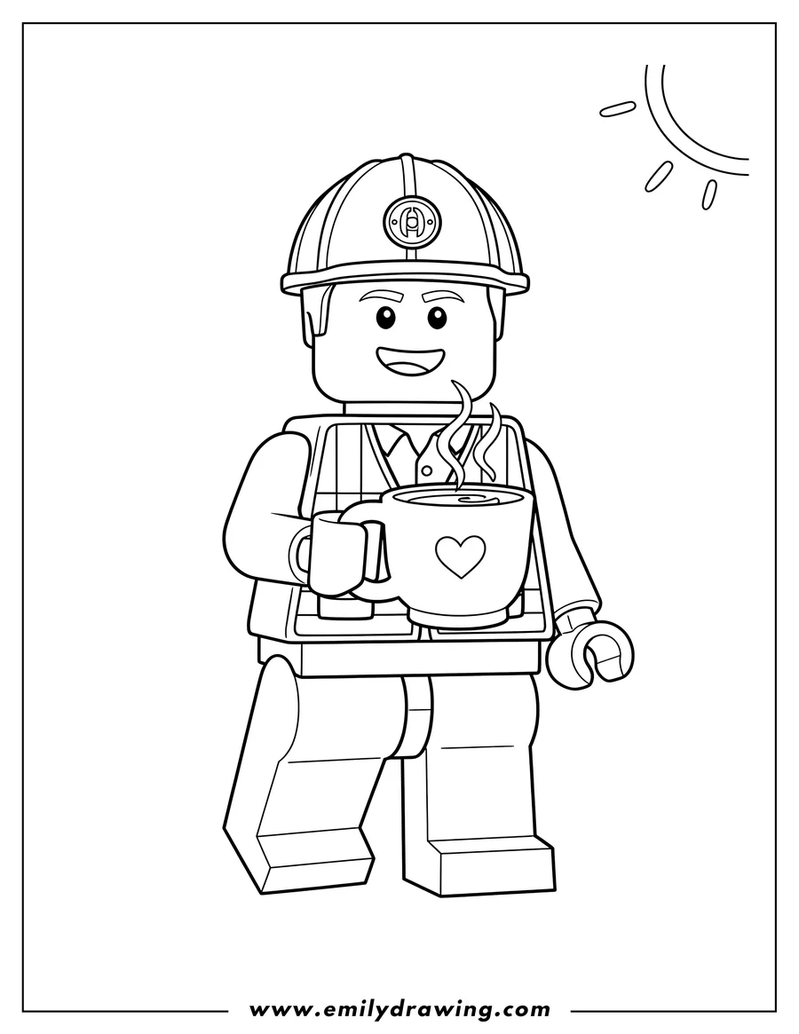 Simple sketch of easy Emmet Brickowski smiling and holding a coffee cup to color