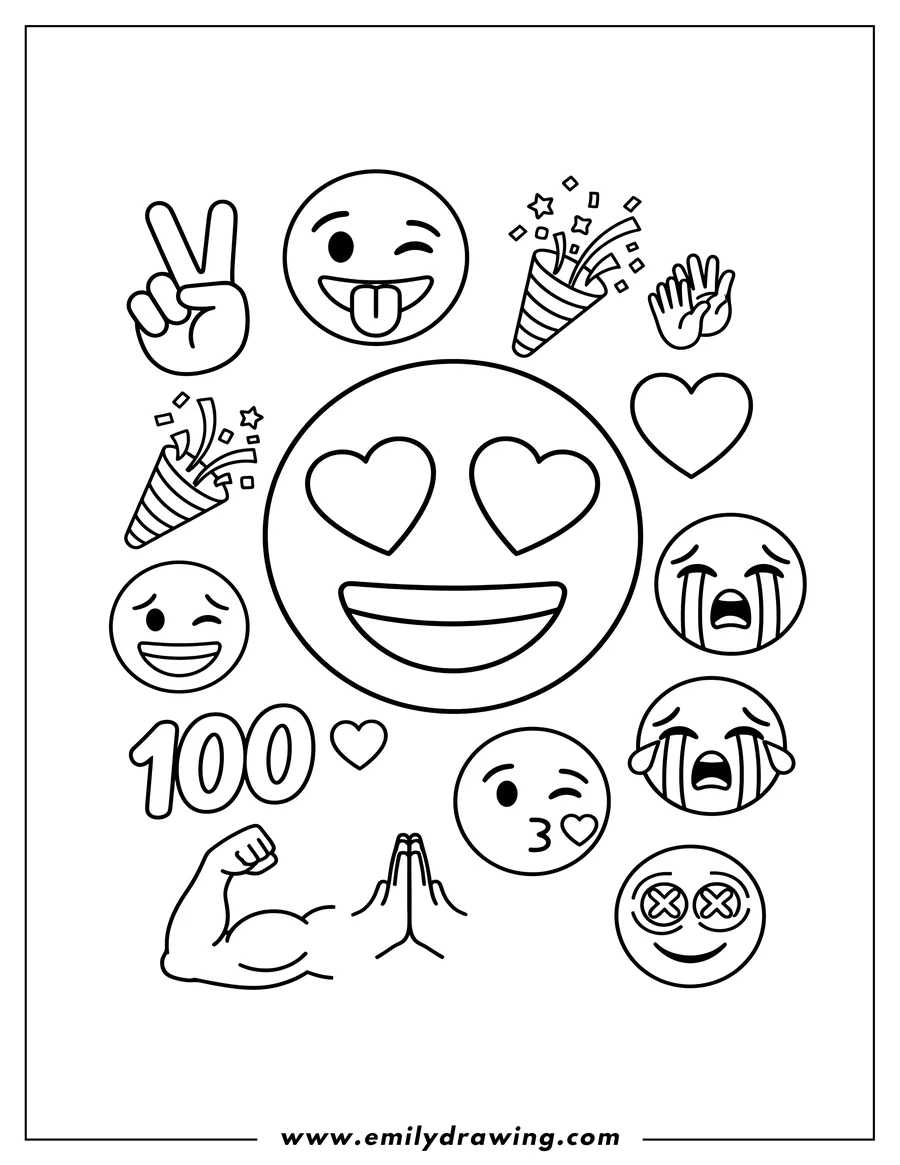 Clean line drawing: emoji coloring page featuring a variety of emojis including Peace Sign, Winking With Tongue, Heart Eyes, Heart, Raising Hands, Party Popper, Loudly Crying, Hundred Points, Folded Hands, Blow Kiss, Flexed Biceps, and Dizzy Face